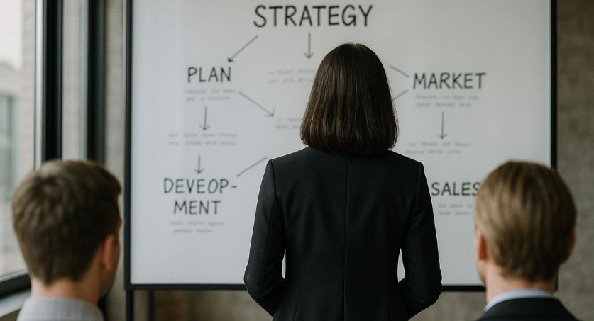 Equipe de 3 pessoas especialistas em marketing, na frente de um quadro escrito principais pilares do marketing digital no quadro para auxiliar no planejamento anual