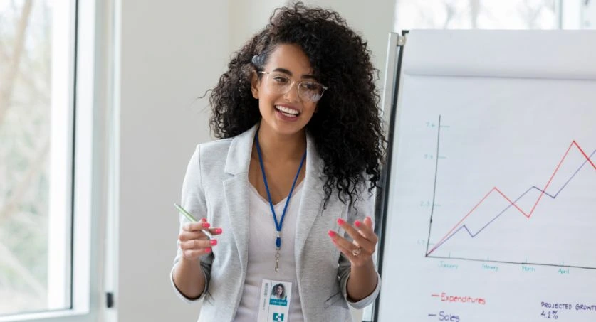 Mulher apresenta gráfico de resultados da aplicação do funil de vendas desenhado em uma tela de papel em cavalete