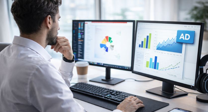 Gestor de tráfego pago na frente de duas telas de computador analisando gráficos de resultados
