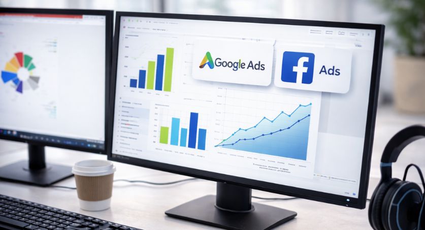 Setup de duas telas de computadores com gráfico de gráficos de tráfego pago