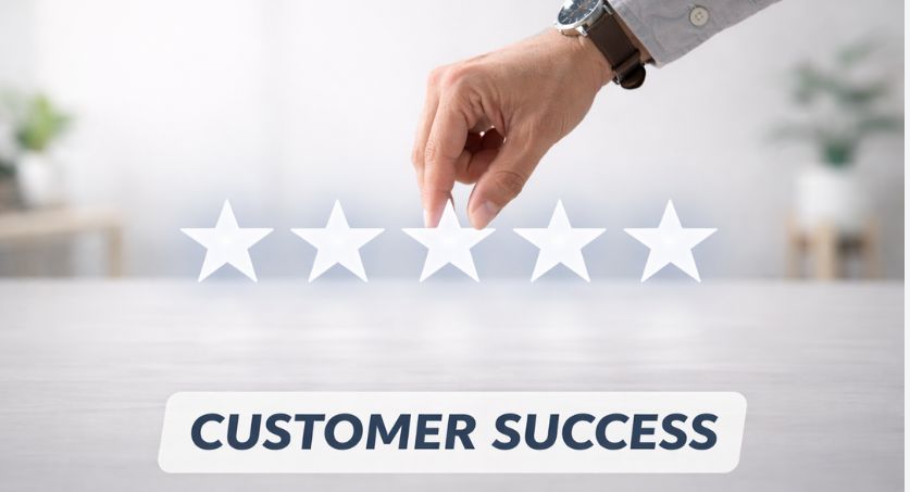 Mão de homem segura emoticon de estrela representando customer sucess