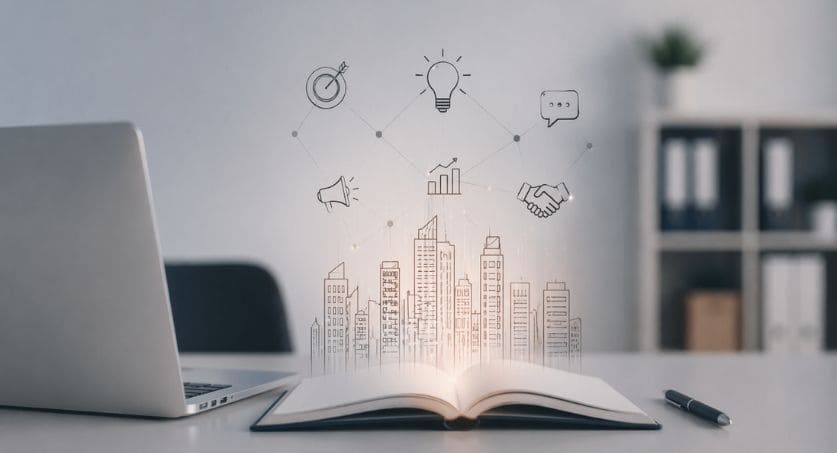 Livro em cima de mesa ao lado de notbook com desenho de histórias em cima representando storytelling