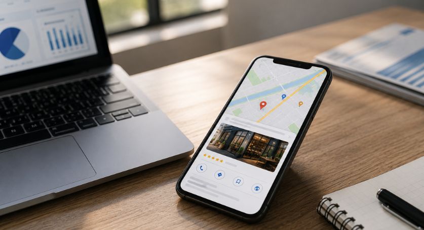 Celular exibindo mapa e perfil de empresa ao lado de notebook com dados de desempenho do Google Meu Negócio.