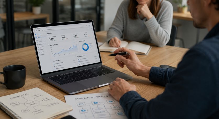 Profissionais analisam backlinks e métricas de SEO em um notebook durante uma reunião de estratégia de conteúdo.
