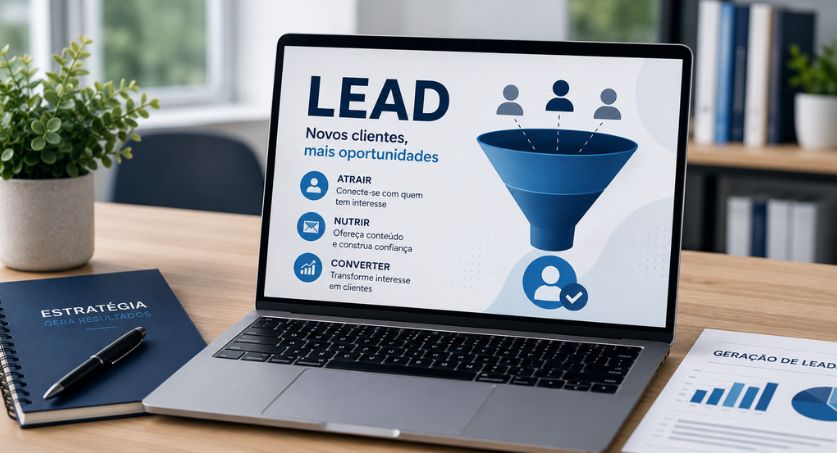 Notebook em mesa de trabalho exibindo apresentação sobre geração de leads, com ícones de funil, clientes e etapas para atrair lead, relacionar e converter contatos.