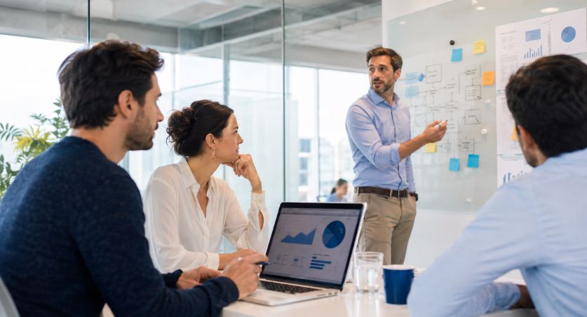 Equipe reunida para analisar dados e planejar estratégias de marketing B2B em um ambiente corporativo.