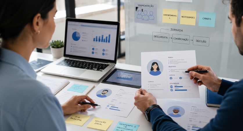 Equipe reunida analisando gráficos e dados para entender o que é persona e definir melhor o perfil do cliente ideal.